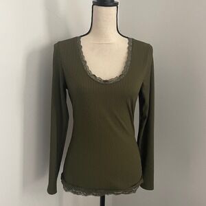 Ribbed Lace Trim Long Sleeve Shirt Small Olive Green Scoop Neck Casual Everyday